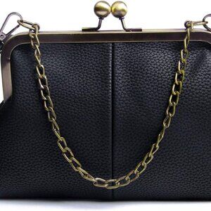 Women Classical Kiss Lock Clutch with Chain Strap Shoulder Bag Purse Wallet